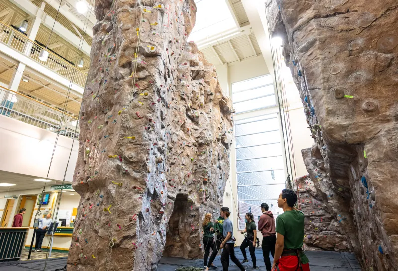 Students standing by rock climbing wall wearing harnesses