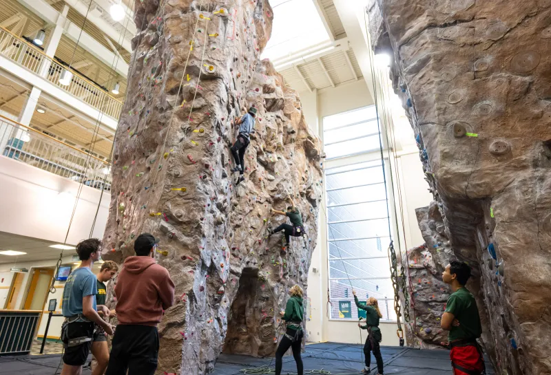 female climbers belaying two climbers with four male students looking on at rock climbing wall