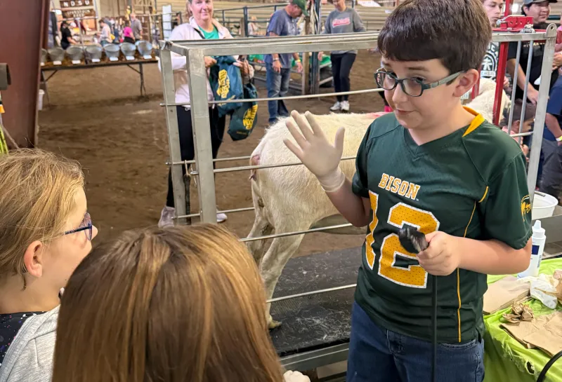 Young boy explaining to a group of people
