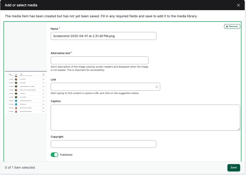 UI of Drupal Image tools for Metadata - New Images