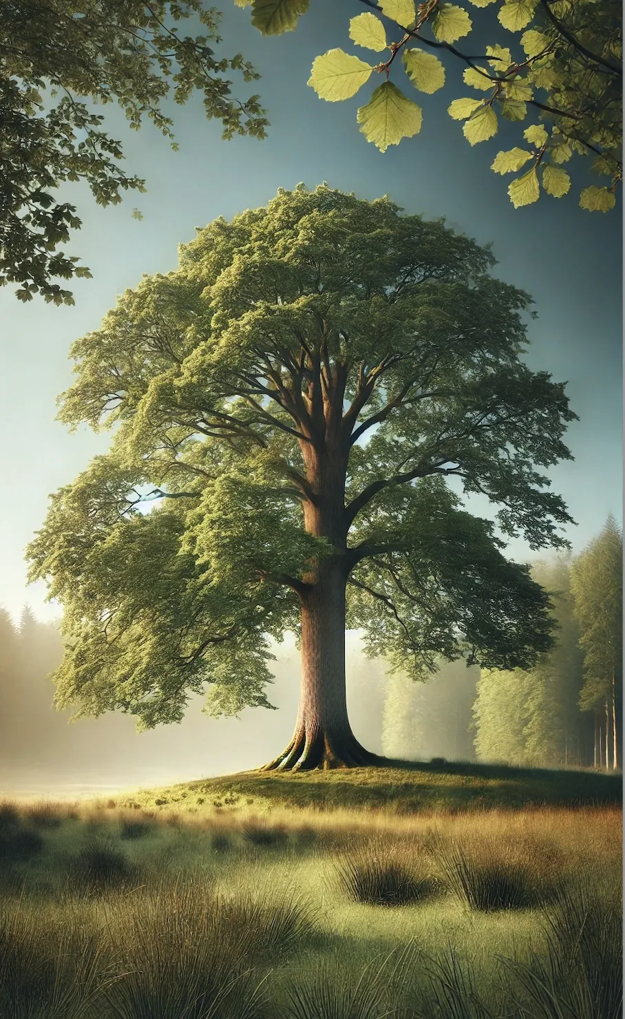 This is an AI generated image of an oak tree in the style of a naturalist painter