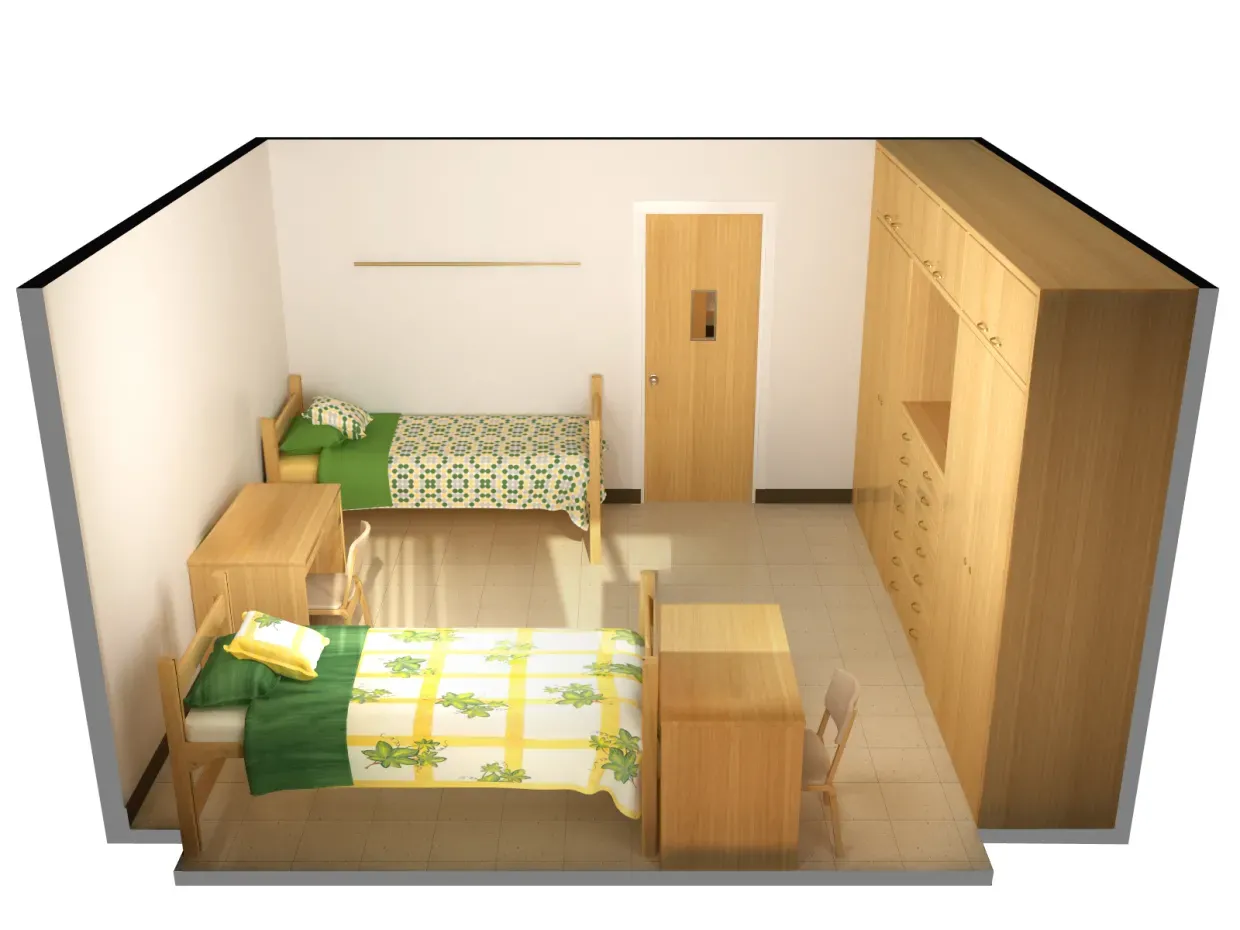 Room rendering of a two bed room located in Dinan Hall with two beds, two desks, and a large closet on the wall.