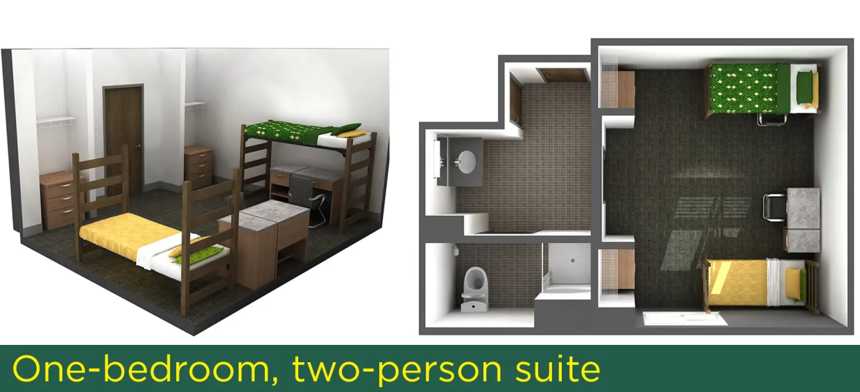 Cater one-bedroom, two-person suite layout 