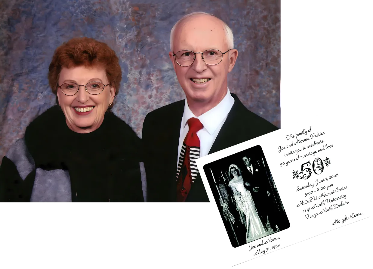 Joe and Norma Peltier with Wedding Invite