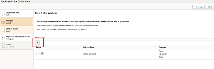 Address screen with Add New Mailing Address Plus button highlighted.