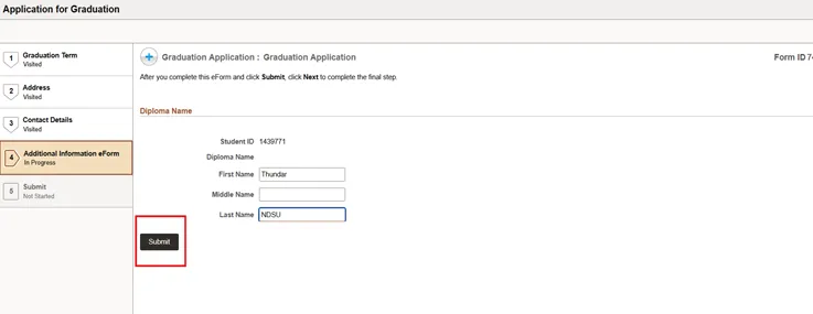 Additional Information screen with Diploma Name section Submit button highlighted.