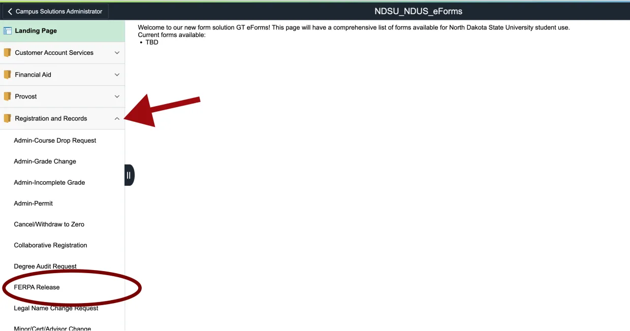 arrow pointing to the tab to select with the FERPA Release Form circled