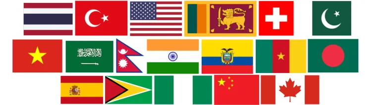 Group of 20 different flags representing 20 different countries.