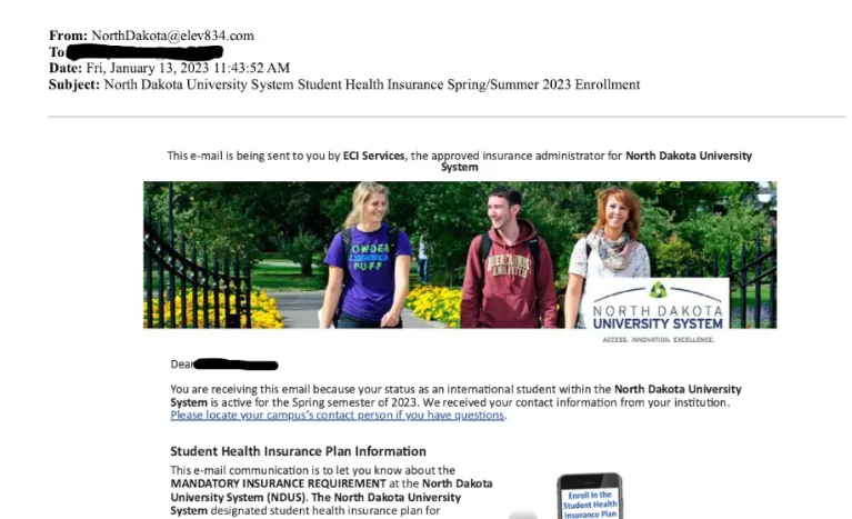an example of an email students will receive for health insurance