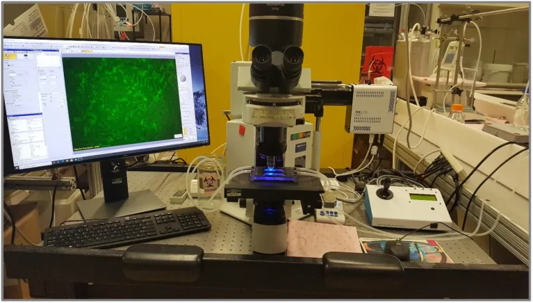 Olympus Disk Scan Confocal Fluorescence Microscope sitting on desk top with other equipment and computer.